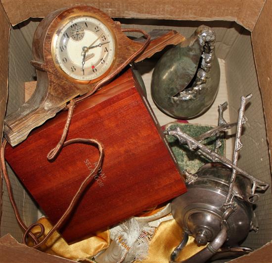 Kettle on stand, wire funnel, vases, 2 jugs, plates etc etc(-)